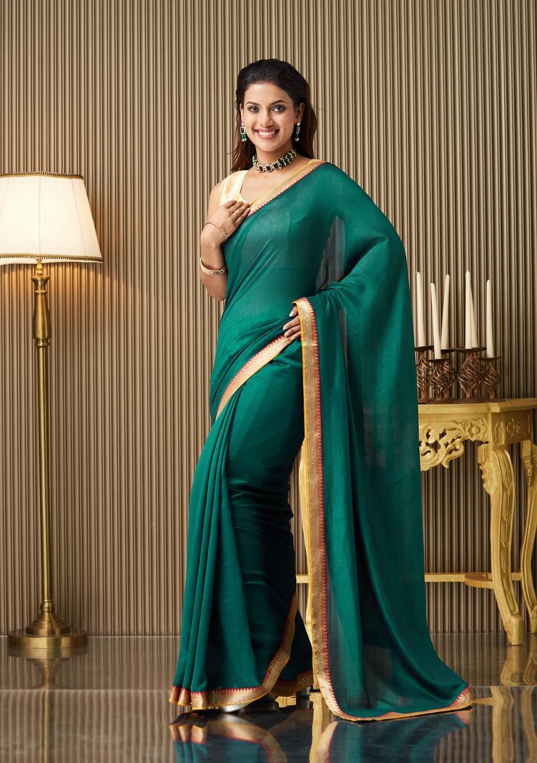 Green Solid Silk Saree Set