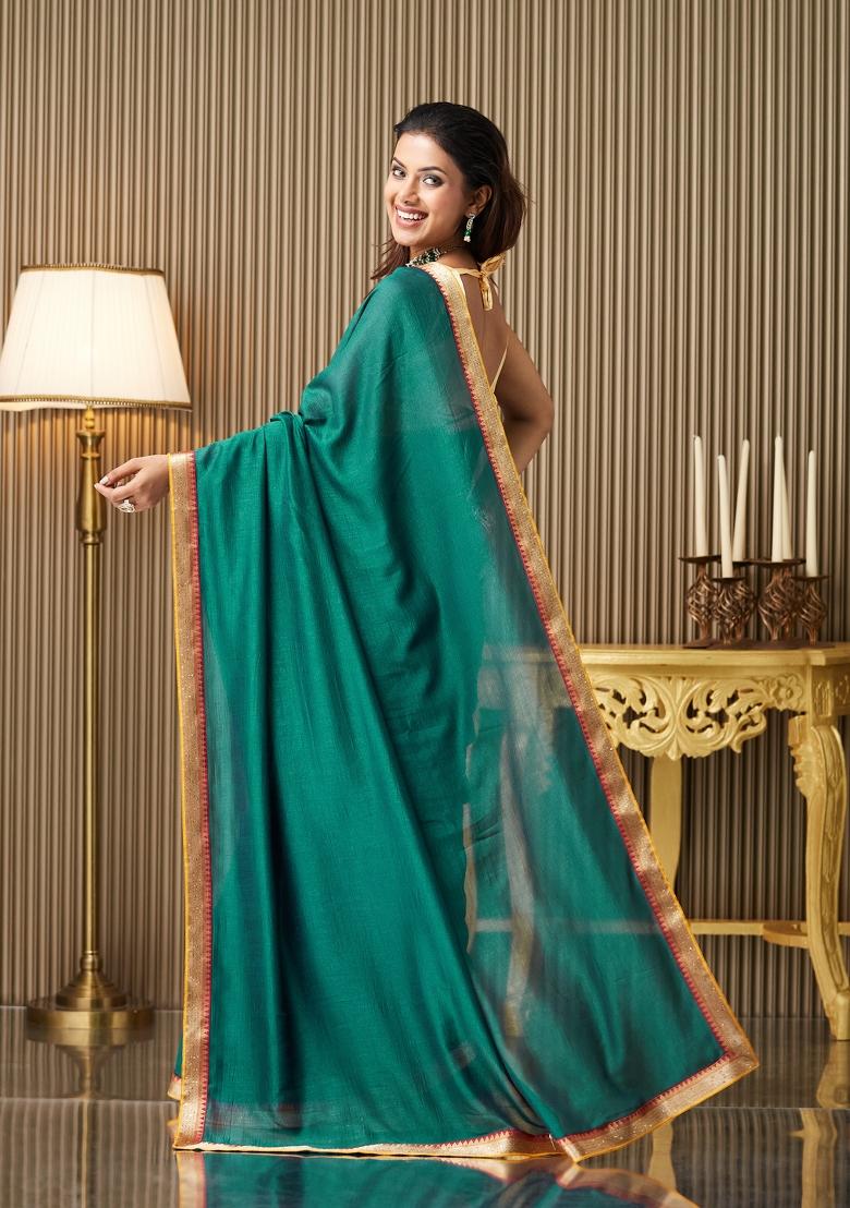 Green Solid Silk Saree Set