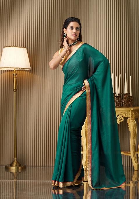 Green Solid Silk Saree Set