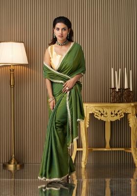 Green Embellished Silk Saree Set