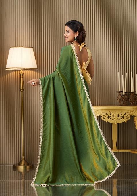 Green Embellished Silk Saree Set