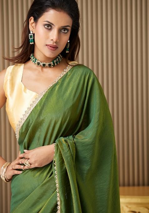 Green Embellished Silk Saree Set
