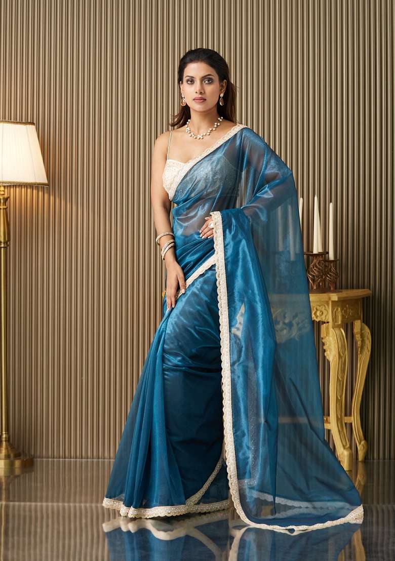 Turquoise Blue Embellished Organza Saree Set - Indya