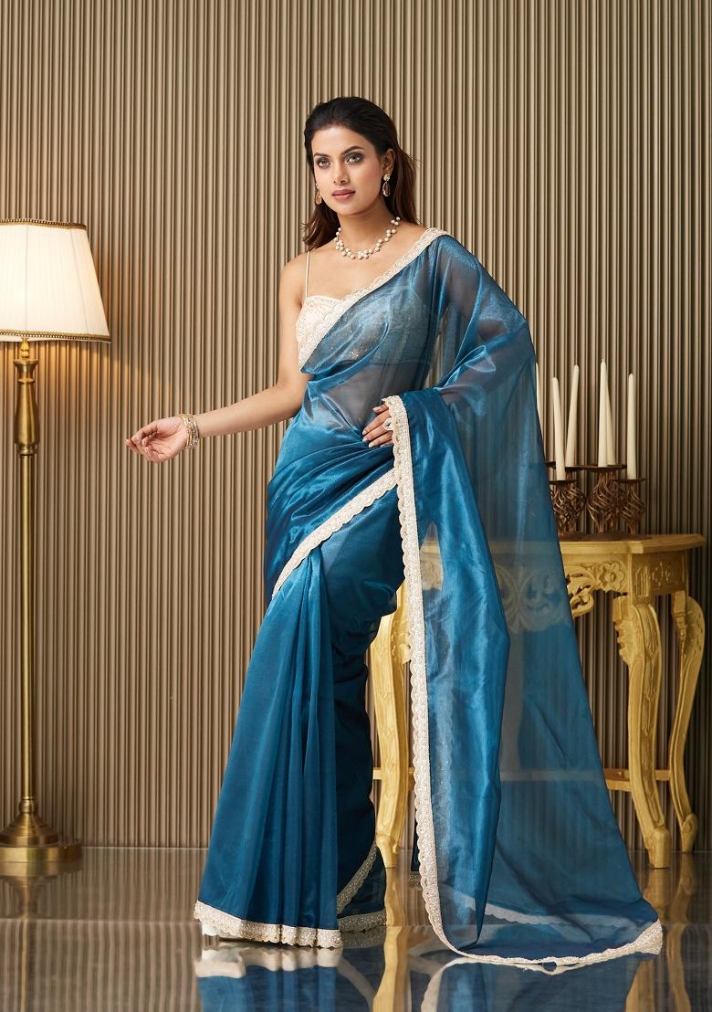 Turquoise Blue Embellished Organza Saree Set
