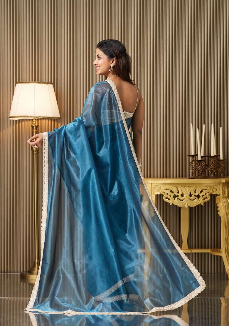 Turquoise Blue Embellished Organza Saree Set - Indya