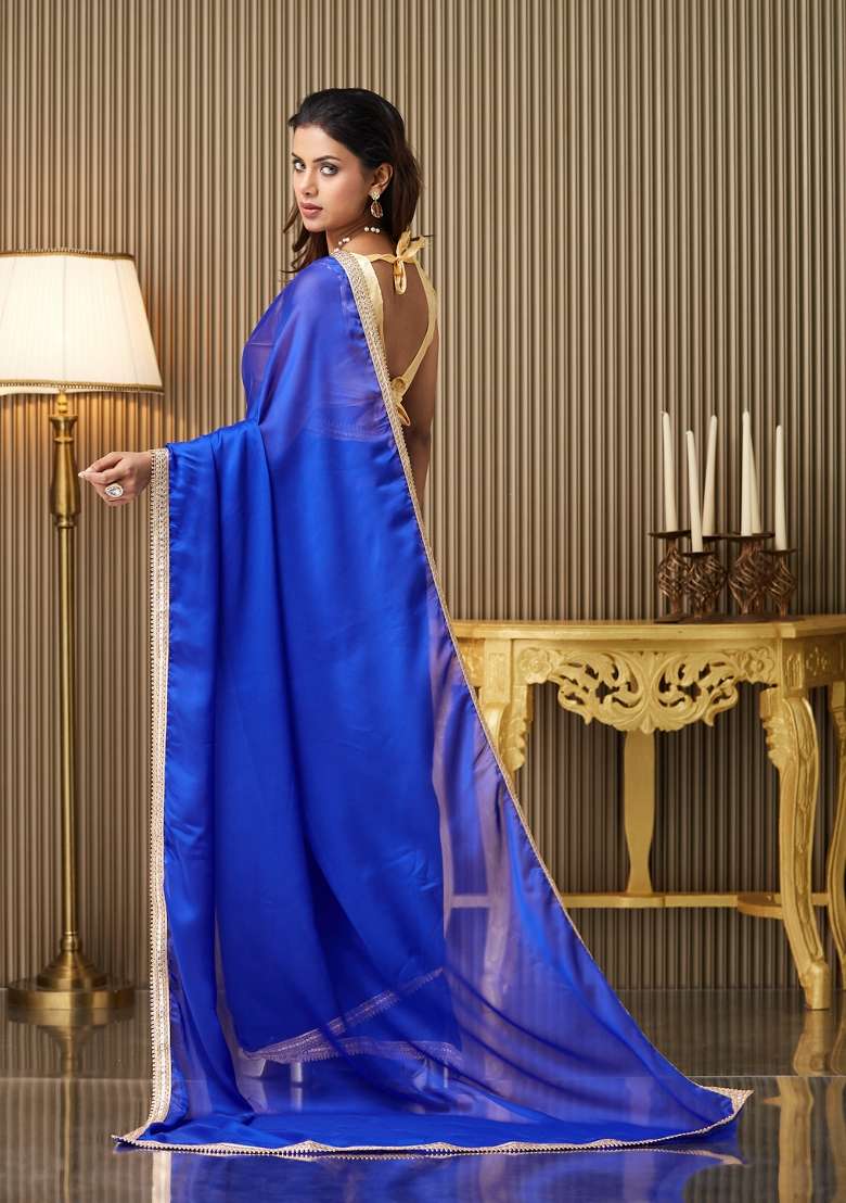 Blue Solid Satin Saree Set - Indya