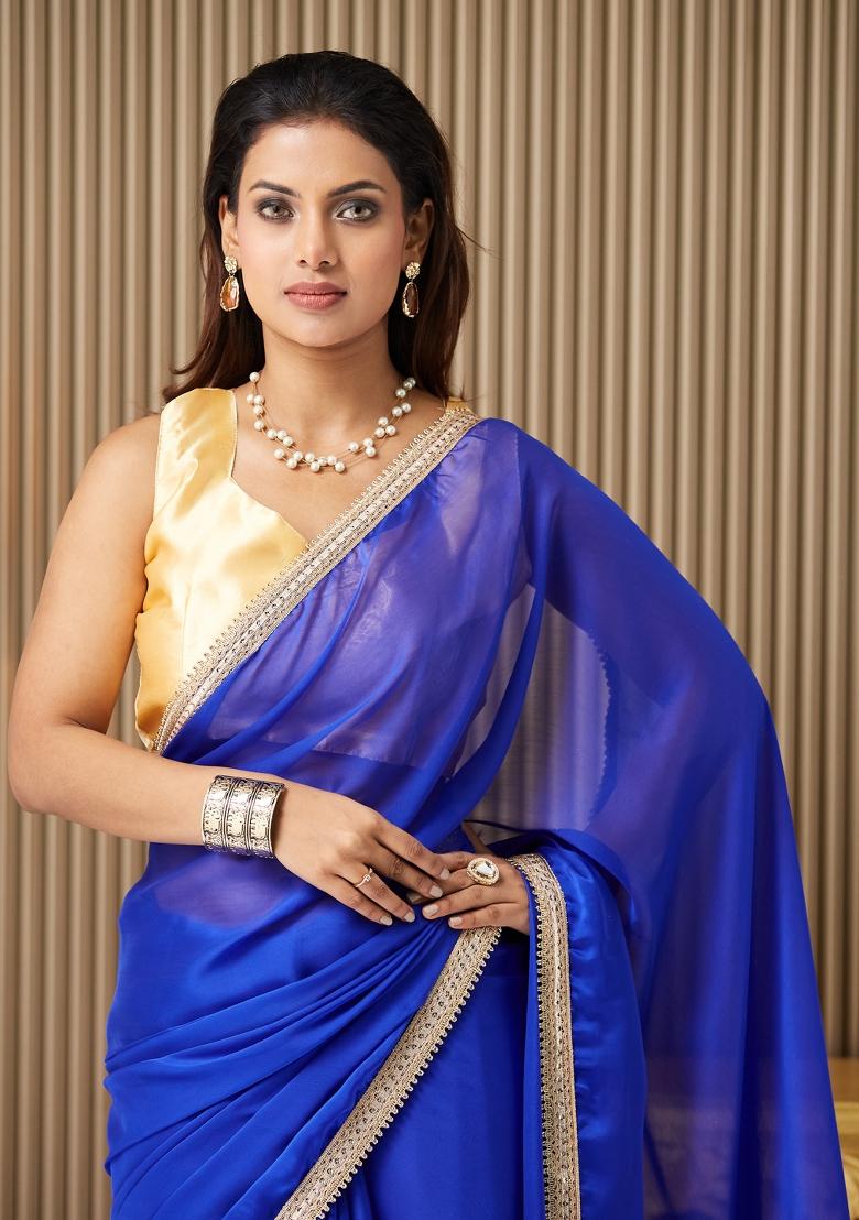 Blue Solid Satin Saree Set