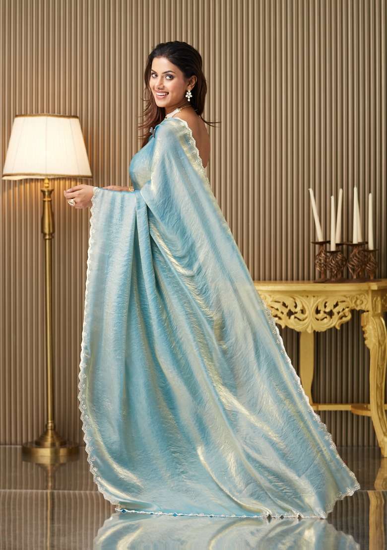 Turquoise Blue Embellished Satin Saree Set - Indya