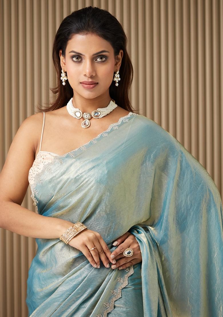 Turquoise Blue Embellished Satin Saree Set