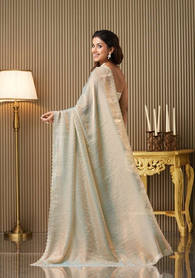 Metallic Grey Embellished Satin Saree Set - Indya