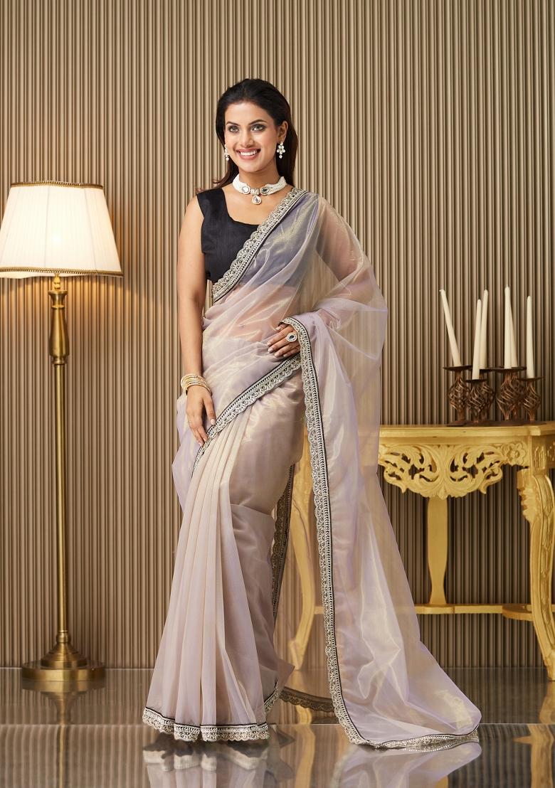 Lavender Embroidered Organza Saree Set