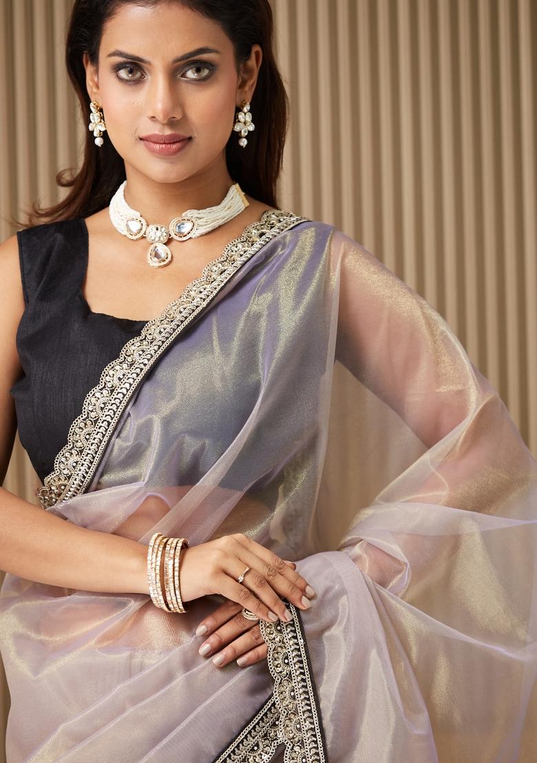 Lavender Embroidered Organza Saree Set