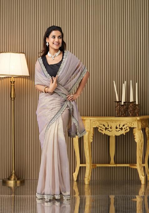 Lavender Embroidered Organza Saree Set