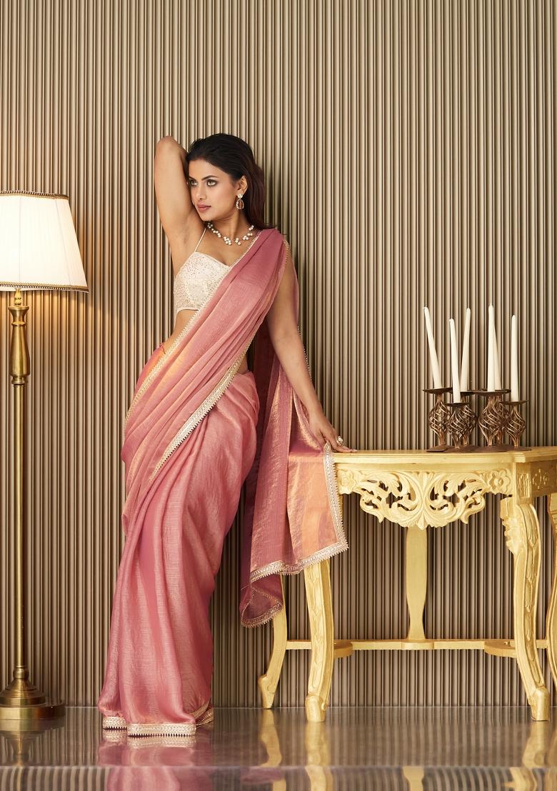 Pink Embellished Silk Saree Set