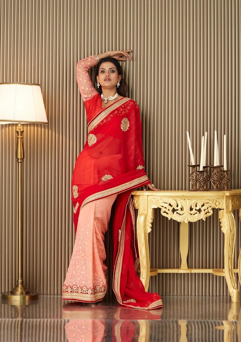 Red Embroidered Chiffon Saree Set