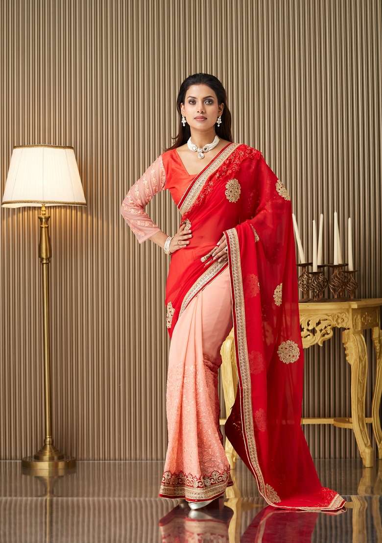 Red Embroidered Chiffon Saree Set - Indya