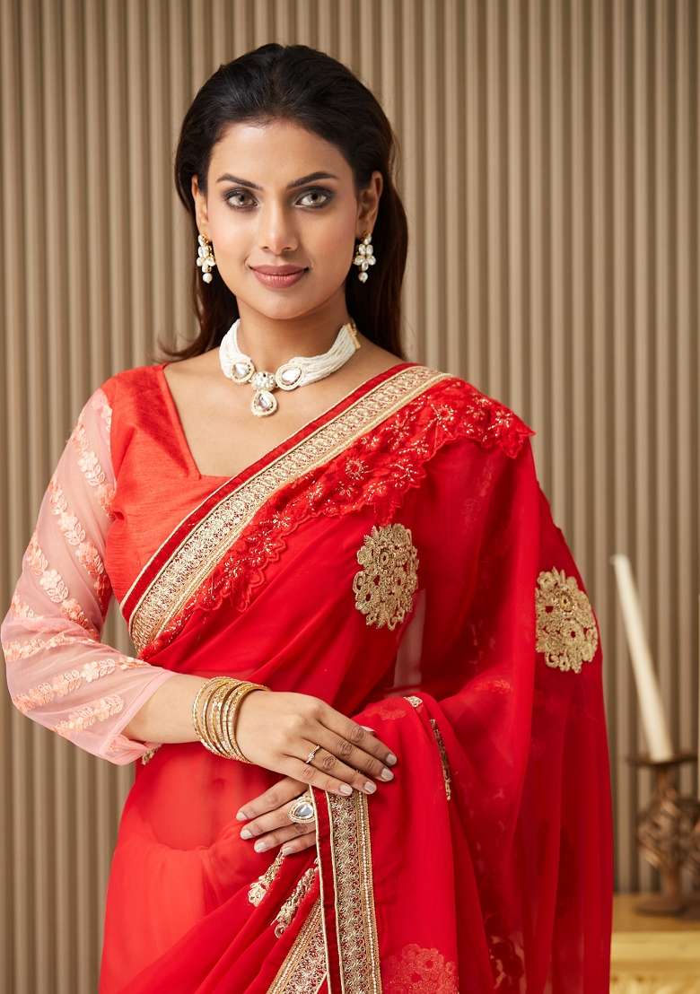 Red Embroidered Chiffon Saree Set - Indya