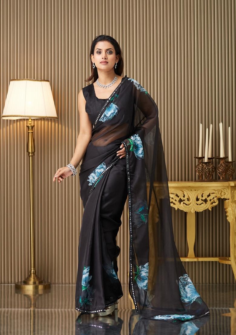 Black Printed Organza Saree Set