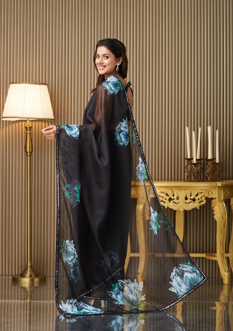 Black Printed Organza Saree Set