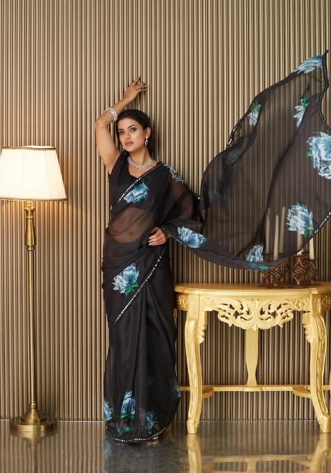 Black Printed Organza Saree Set