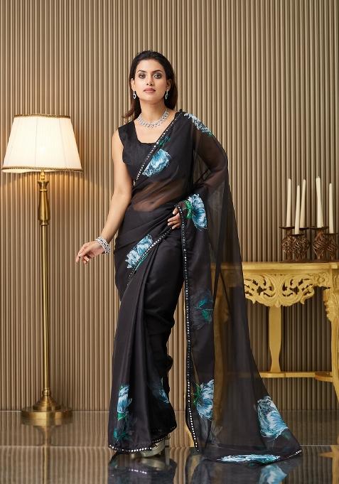 Black Printed Organza Saree Set