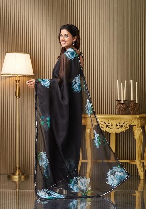 Black Printed Organza Saree Set