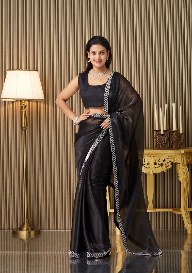 Black Embellished Burberry Saree Set - Indya