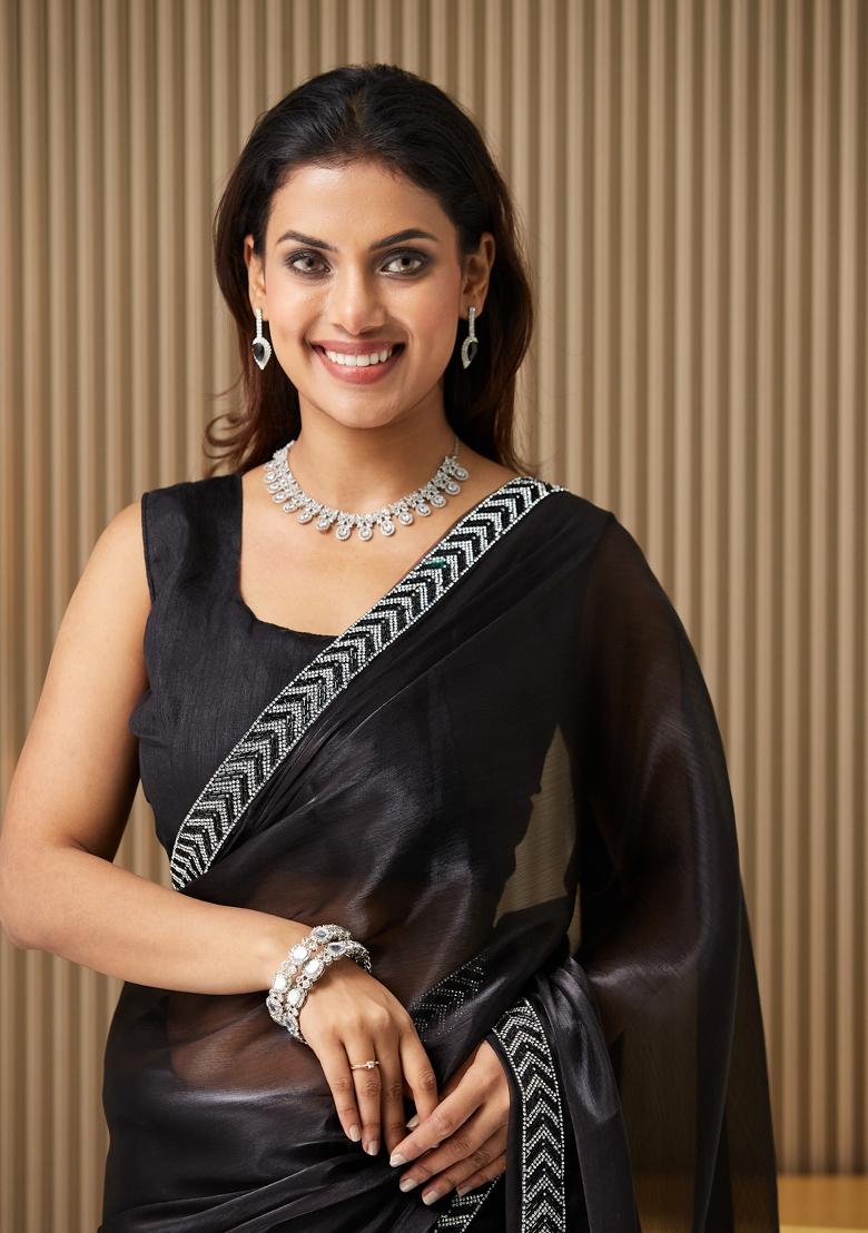 Black Embellished Burberry Saree Set