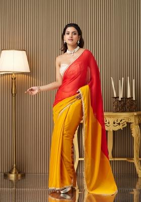 Mustard Yellow Colourblocked Chiffon Saree Set