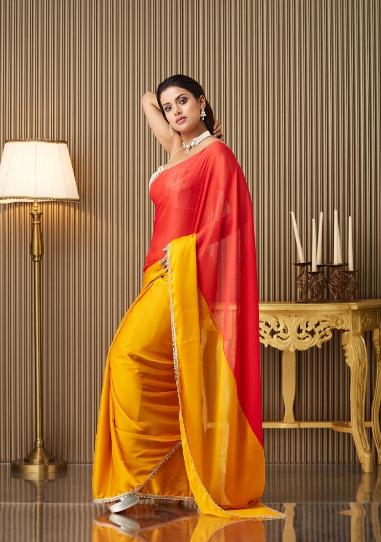 Mustard Yellow Colourblocked Chiffon Saree Set