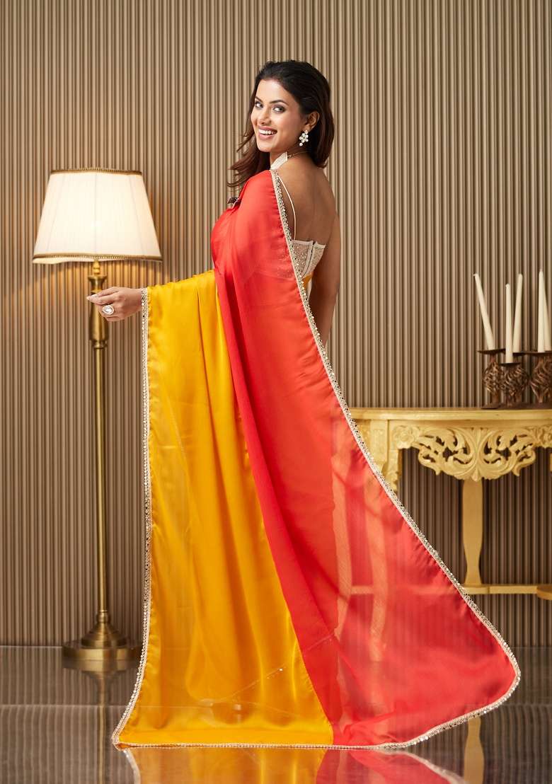 Mustard Yellow Colourblocked Chiffon Saree Set - Indya
