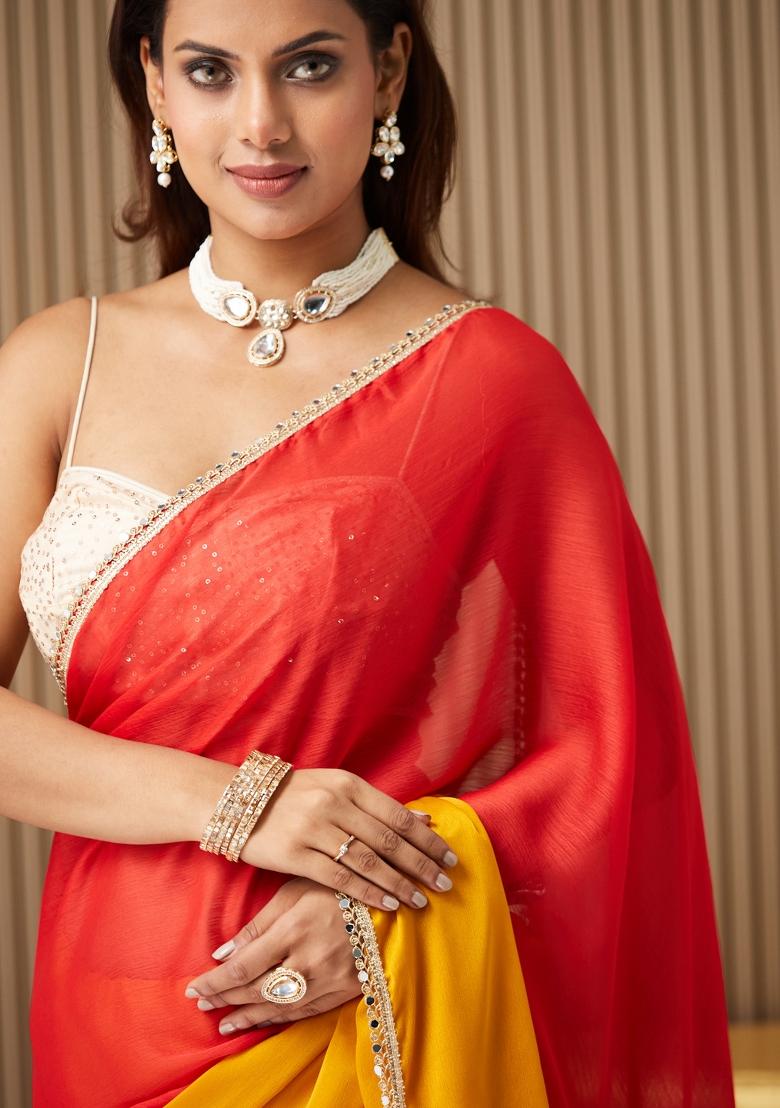 Mustard Yellow Colourblocked Chiffon Saree Set