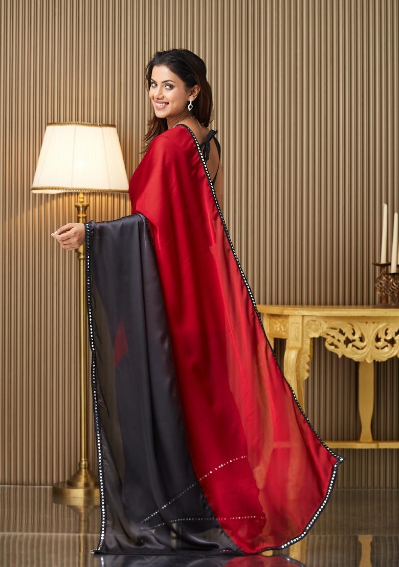 Maroon Colourblocked Chiffon Saree Set