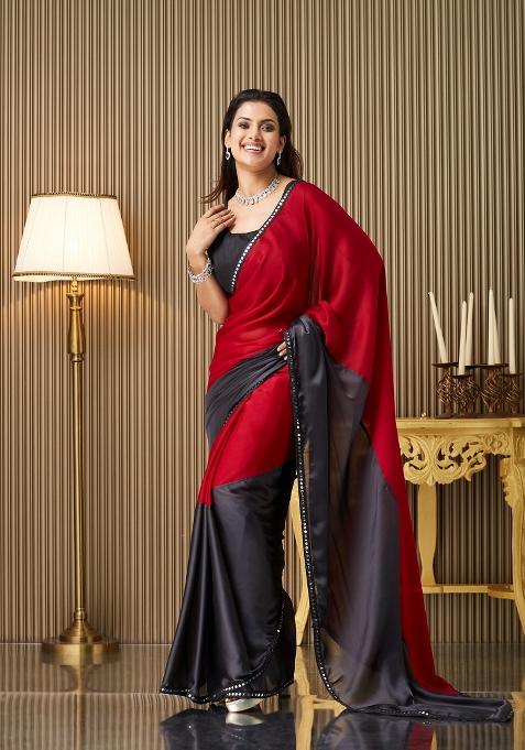 Maroon Colourblocked Chiffon Saree Set