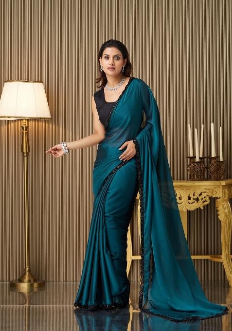 Teal Blue Embellished Georgette Saree Set