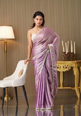 Lavender Embellished Satin Saree Set