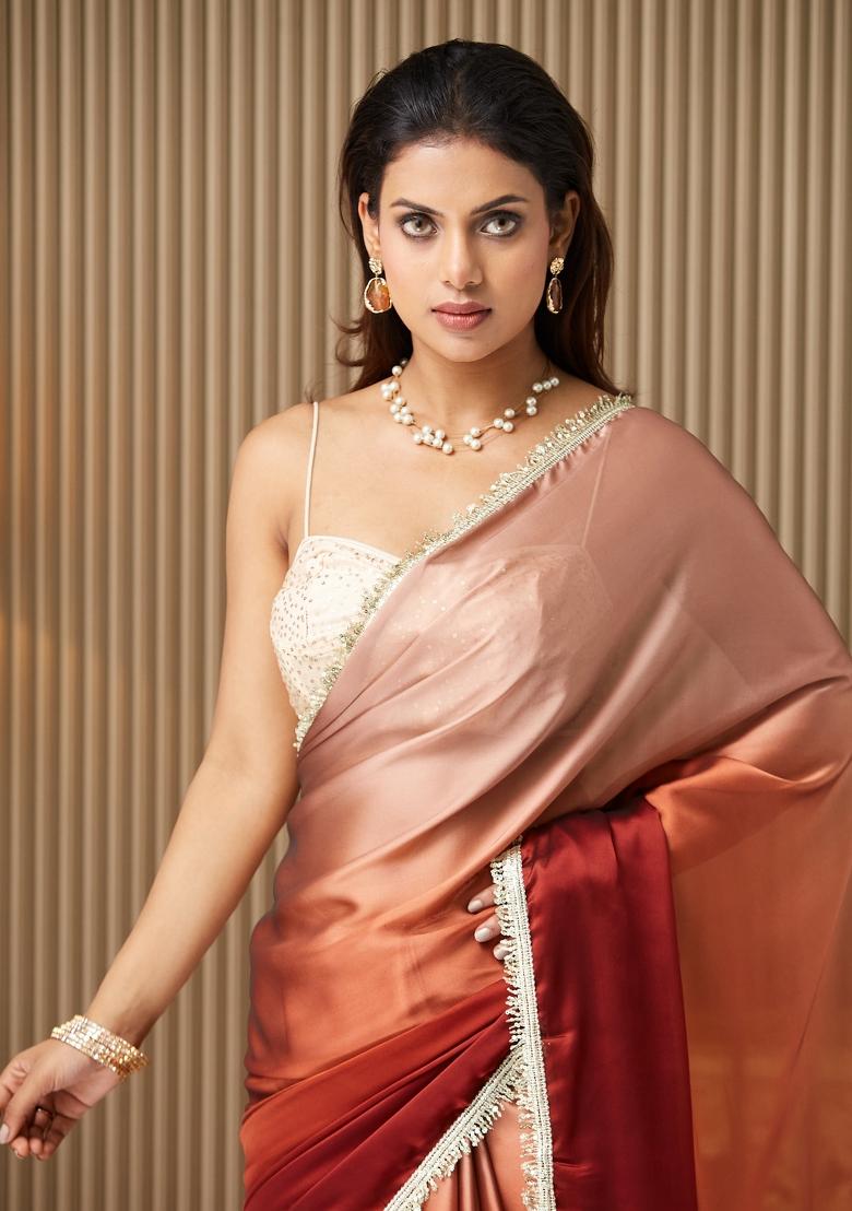 Brown Embellished Georgette Saree Set