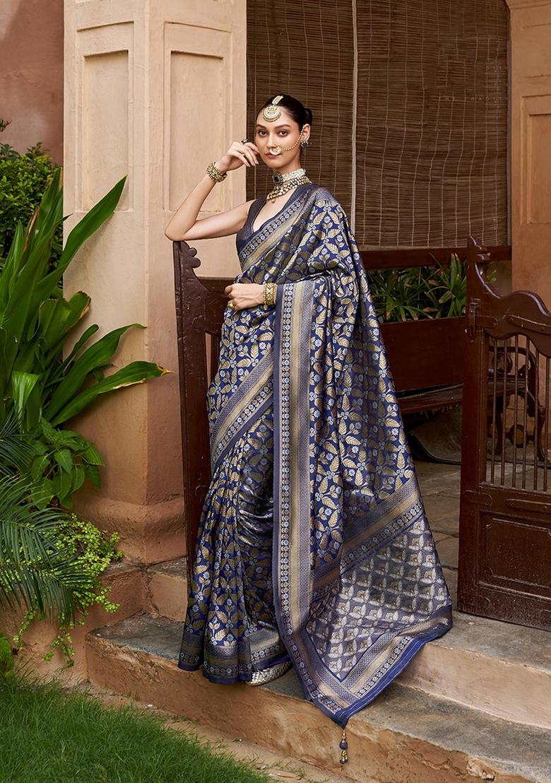 Navy Blue Woven Zari Work Viscose Saree Set
