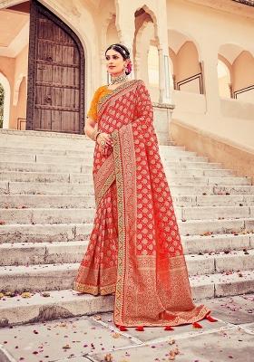Red Woven Zari Work Silk Saree Set