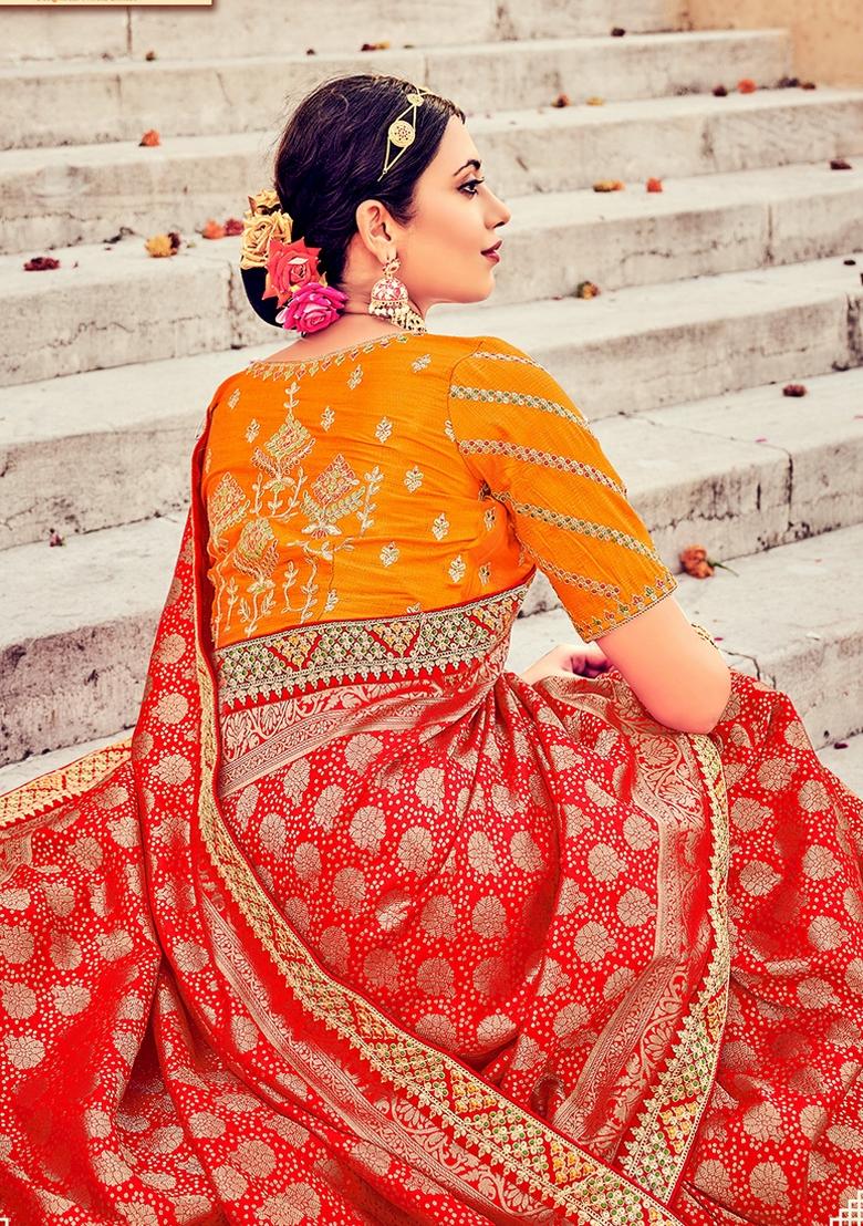 Red Woven Zari Work Silk Saree Set