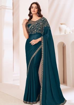 Dark   Teal Blue Embroidered Chiffon Saree Set