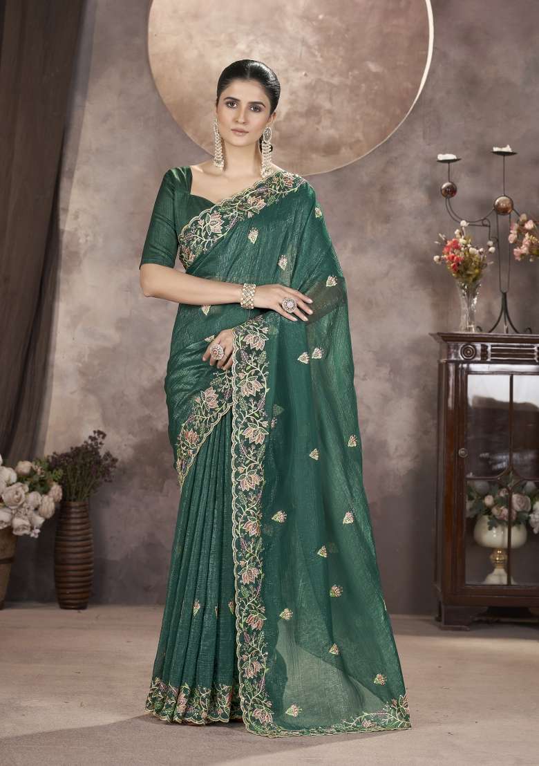 Teal Blue Embroidered Silk Saree Set - Indya