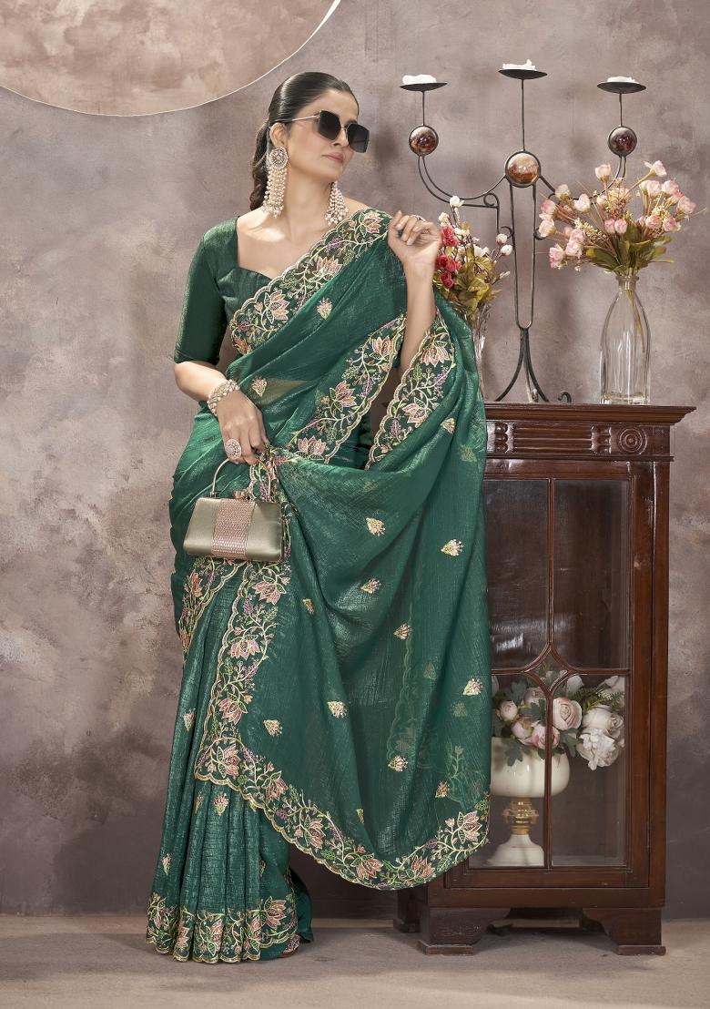 Teal Blue Embroidered Silk Saree Set