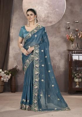 Blue Embroidered Silk Saree Set