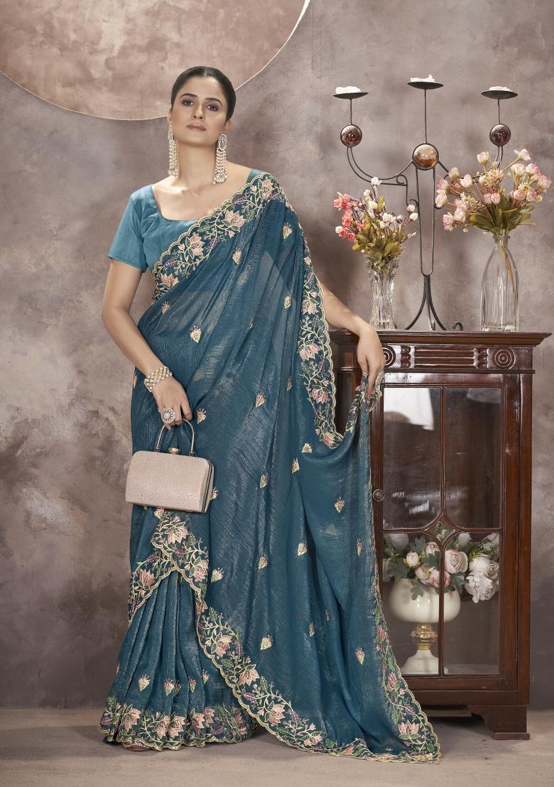 Blue Embroidered Silk Saree Set