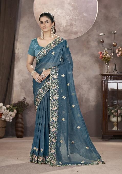 Blue Embroidered Silk Saree Set