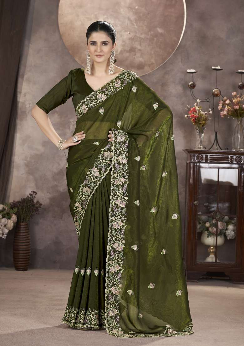 Mehendi Green Embroidered Silk Saree Set - Indya