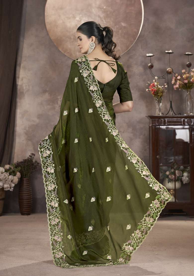 Mehendi Green Embroidered Silk Saree Set - Indya