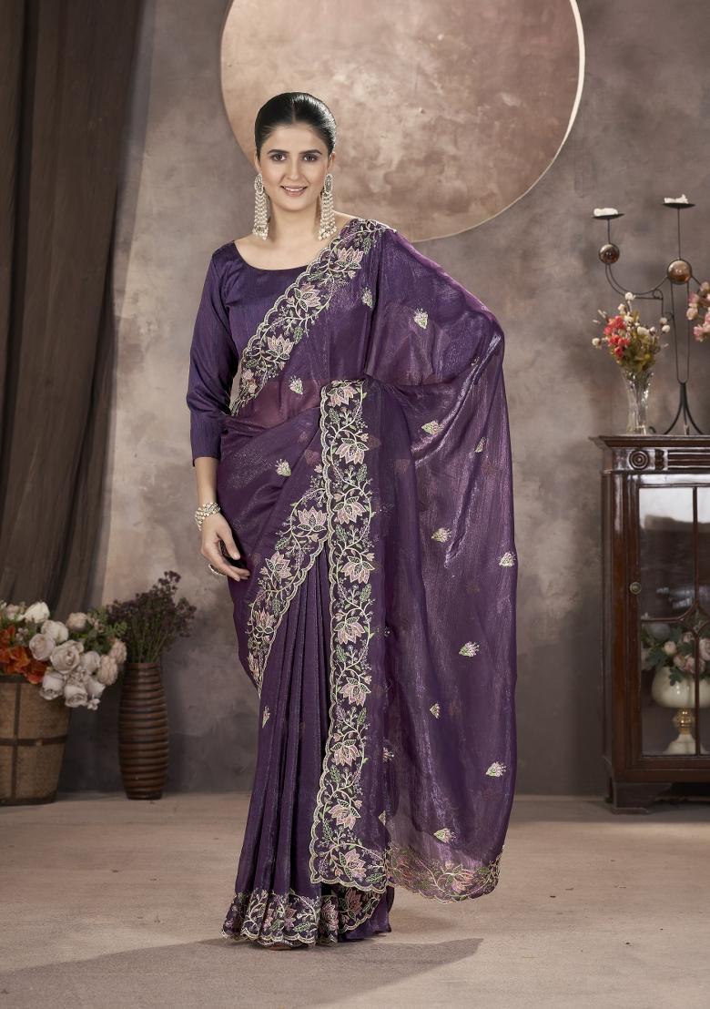 Wine Embroidered Silk Saree Set
