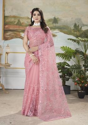 Pink Embroidered Net Saree Set